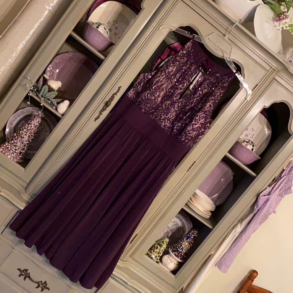 R & M Richards Plum Purple sequined evening dress
